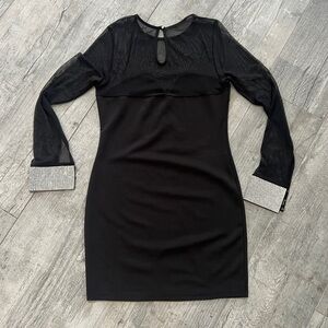 Party Black Mesh Top Bodycon Dress with Silver Sparkle Cuffs